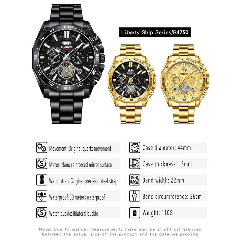 BINBOND High End Brand Men's Watch Original Stainless Steel Luminous Waterproof Watch Luxury Business Date Quartz Men Watches