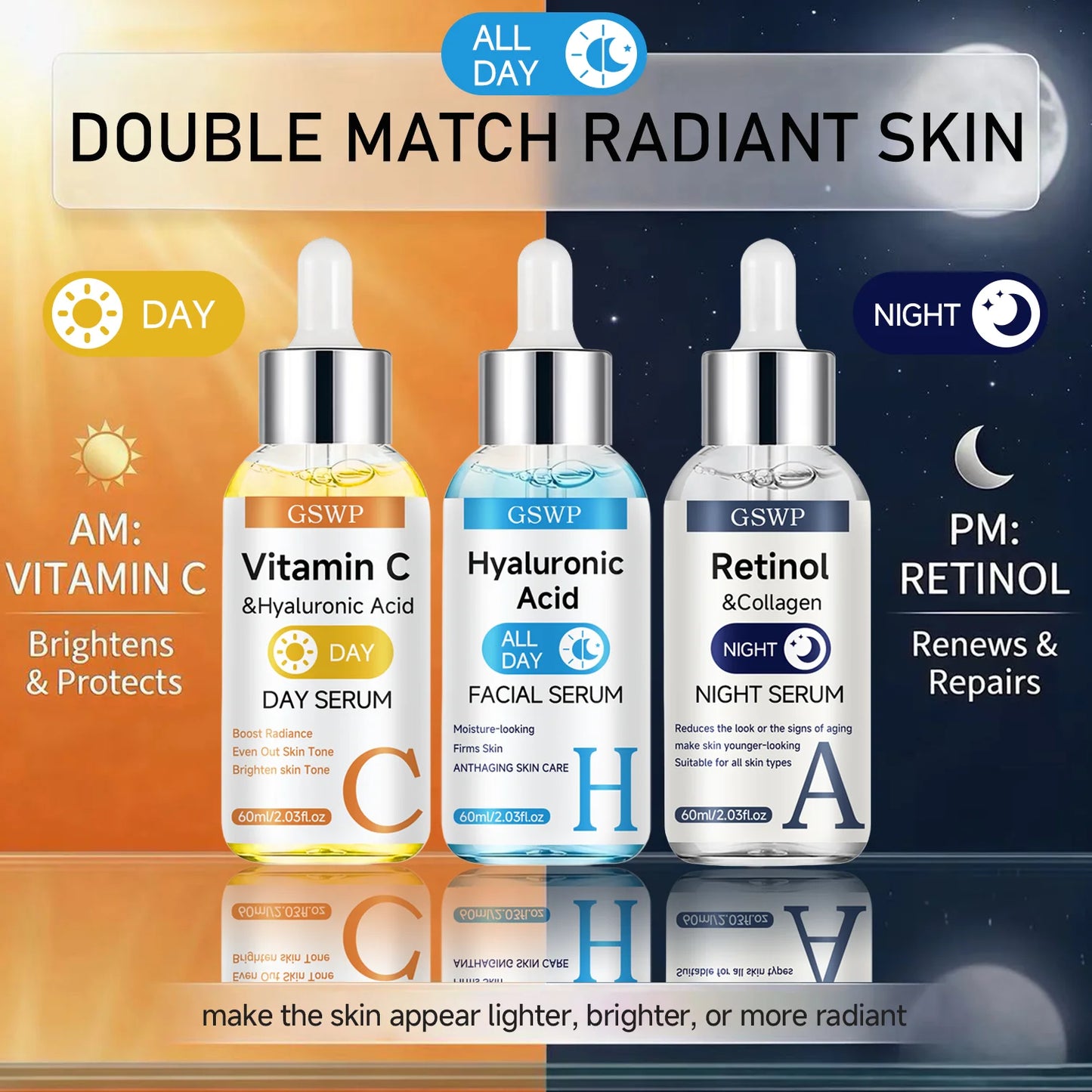 GSWP Day & Night Serum Set, Vitamin C + Retinol + Hyaluronic Acid Serums, Deeply Moisturizes, Tightens and Brightens the Face. 2