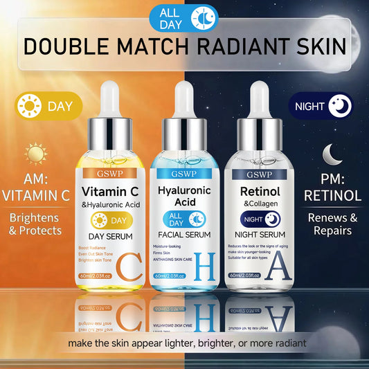 GSWP Day & Night Serum Set, Vitamin C + Retinol + Hyaluronic Acid Serums, Deeply Moisturizes, Tightens and Brightens the Face. 2