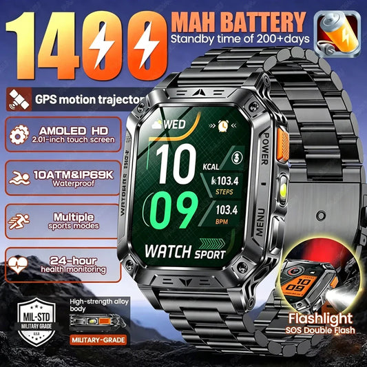2026 New 1400mAh Big Battery Smart Watch Men Outdoor GPS Flashlight 10ATM Waterproof Bluetooth Call AMOLED HD Sports Smartwatch