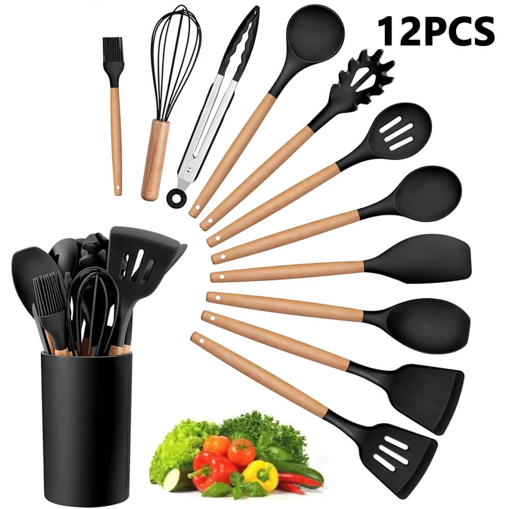 2-Piece Silicone Kitchen Utensil Set – Non-Stick, Wooden Handle