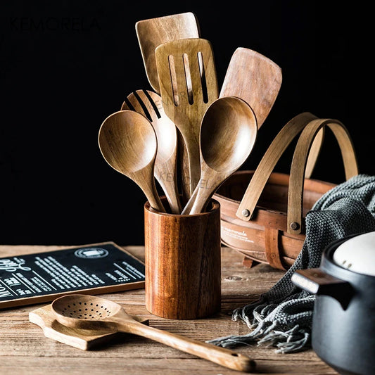 4/7/9PCS Wooden Spoons For Cooking Wooden Utensils For Cooking With Utensils Holder Teak Wooden Kitchen Utensils Set