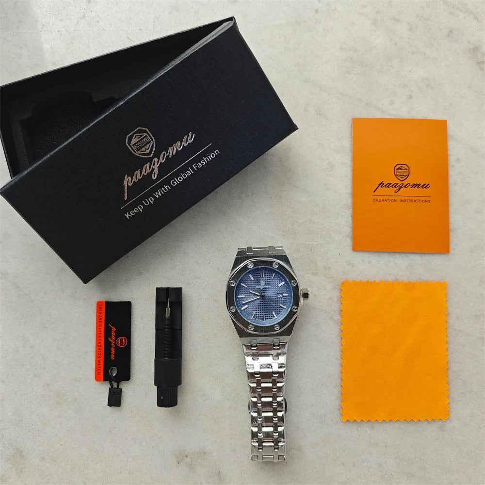 PAAZOMU Luxury Quartz Man Wristwatch Sport Men Watches Waterproof Luminous Date Week Stainless Steel Men's Watch Male Reloj+box