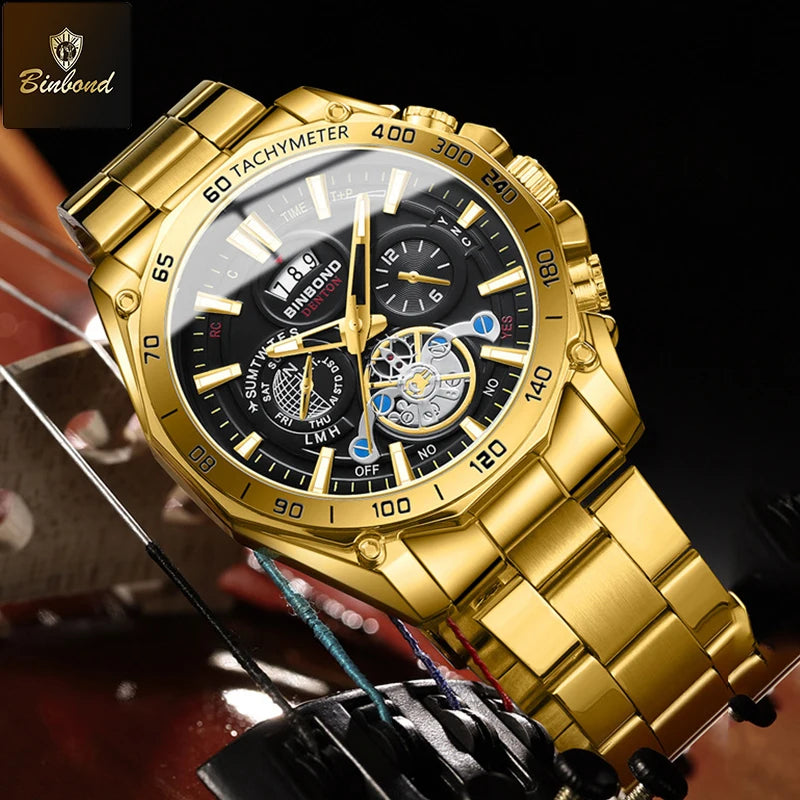 BINBOND High End Brand Men's Watch Original Stainless Steel Luminous Waterproof Watch Luxury Business Date Quartz Men Watches