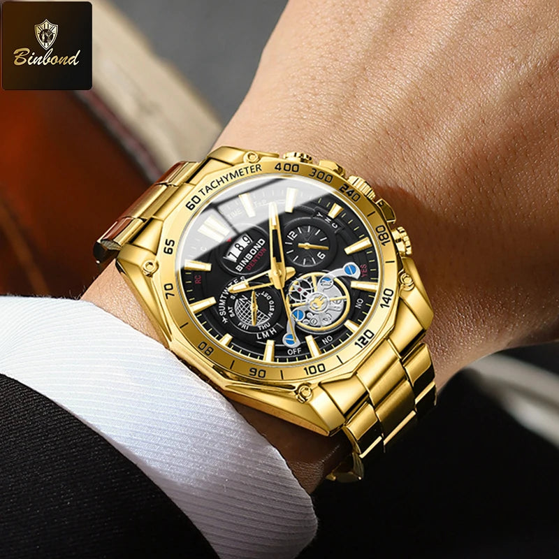 BINBOND High End Brand Men's Watch Original Stainless Steel Luminous Waterproof Watch Luxury Business Date Quartz Men Watches