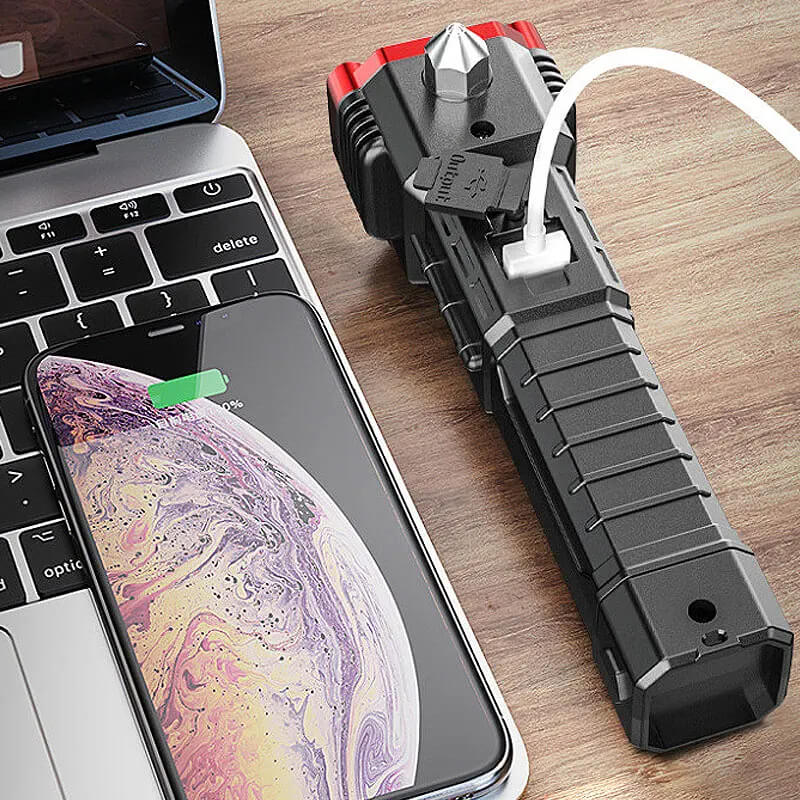 Rechargeable Emergency Flashlight with Power Bank & Safety Hammer