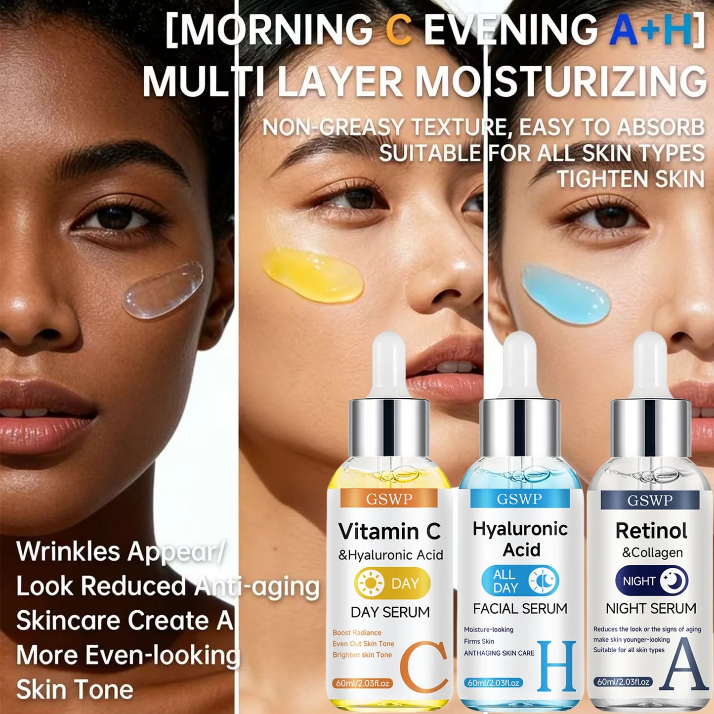GSWP Day & Night Serum Set, Vitamin C + Retinol + Hyaluronic Acid Serums, Deeply Moisturizes, Tightens and Brightens the Face. 2