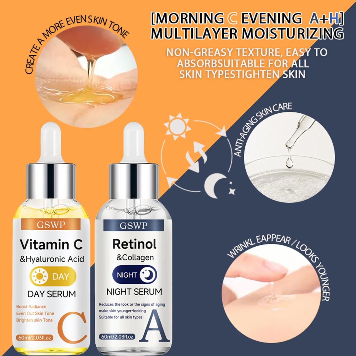 GSWP Day & Night Serum Set, Vitamin C + Retinol + Hyaluronic Acid Serums, Deeply Moisturizes, Tightens and Brightens the Face. 2