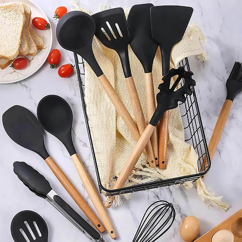 2-Piece Silicone Kitchen Utensil Set – Non-Stick, Wooden Handle